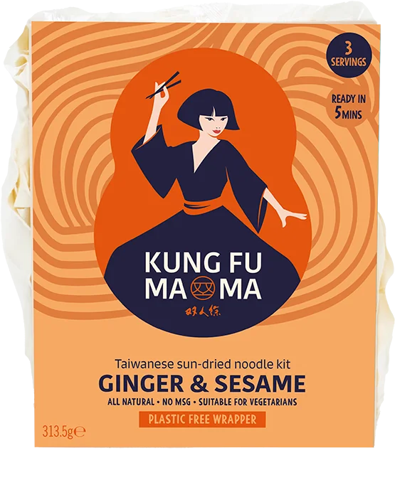 Kung Fu Mama Ginger & Sesame Taiwanese sun-dried noodle kit pack, orange