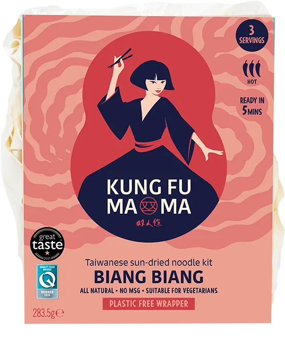 Kung Fu Mama Biang Biang Taiwanese sun-dried noodle kit pack, coral and red