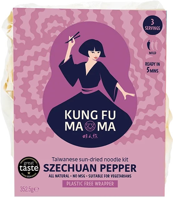 Kung Fu Mama Szechuan Pepper Taiwanese sun-dried noodle kit pack, mauve and pink