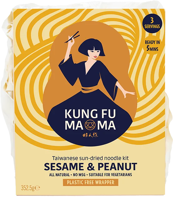 Kung Fu Mama Sesame & Peanut Taiwanese sun-dried noodle kit pack, golden yellow
